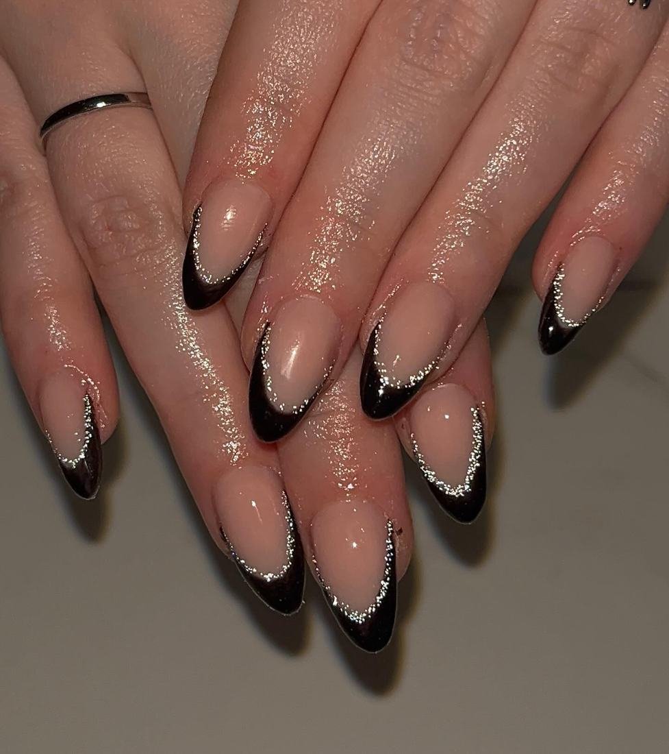 Nude Almond Nails with Black Outline French Tips