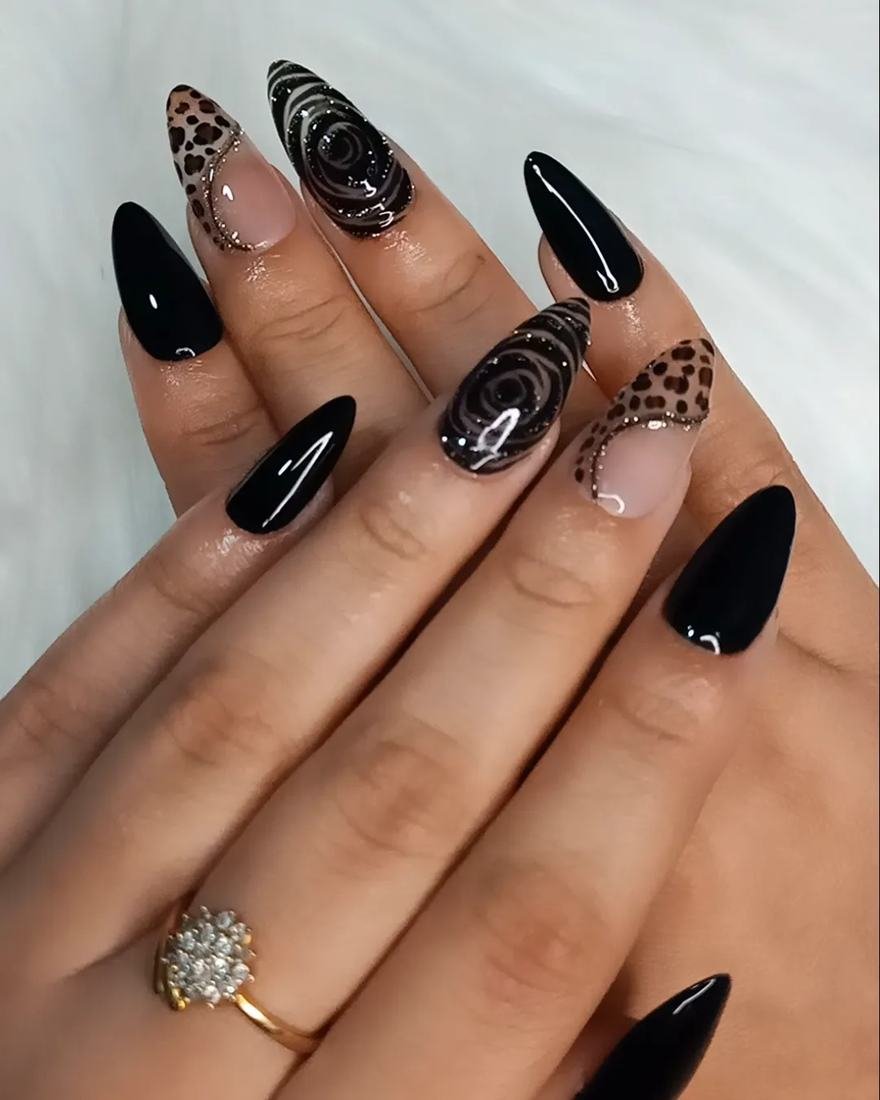 Black Almond Nails with Animal Print and Rose Details