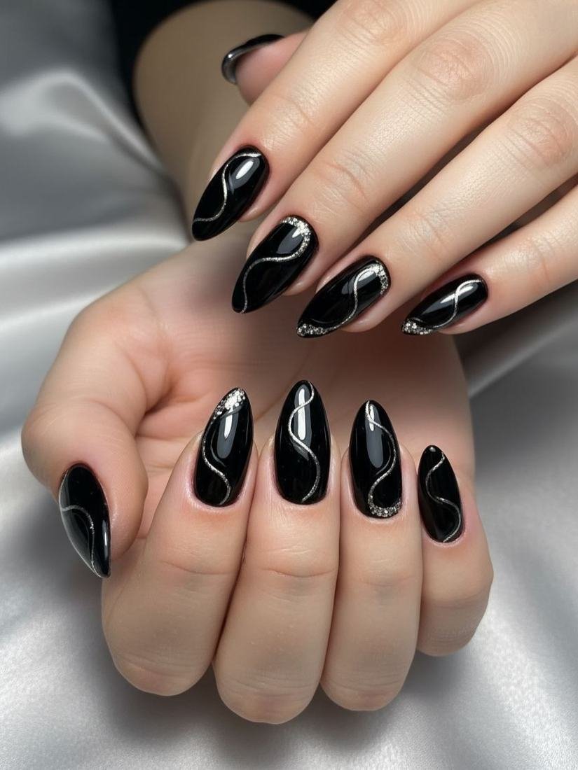 Glossy Black Almond Nails