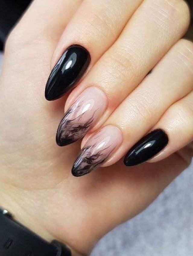 Glossy Black Almond Nails with a Marbled Pink Accent