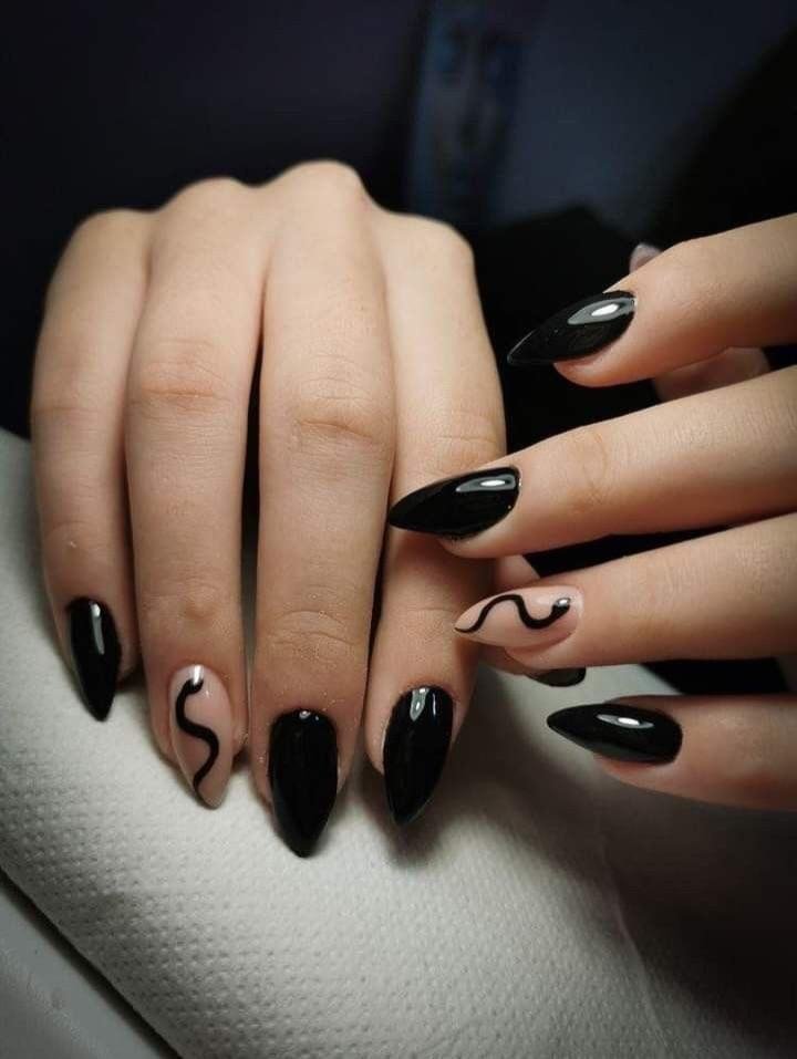 Black Almond Nails with Nude Swirl Details