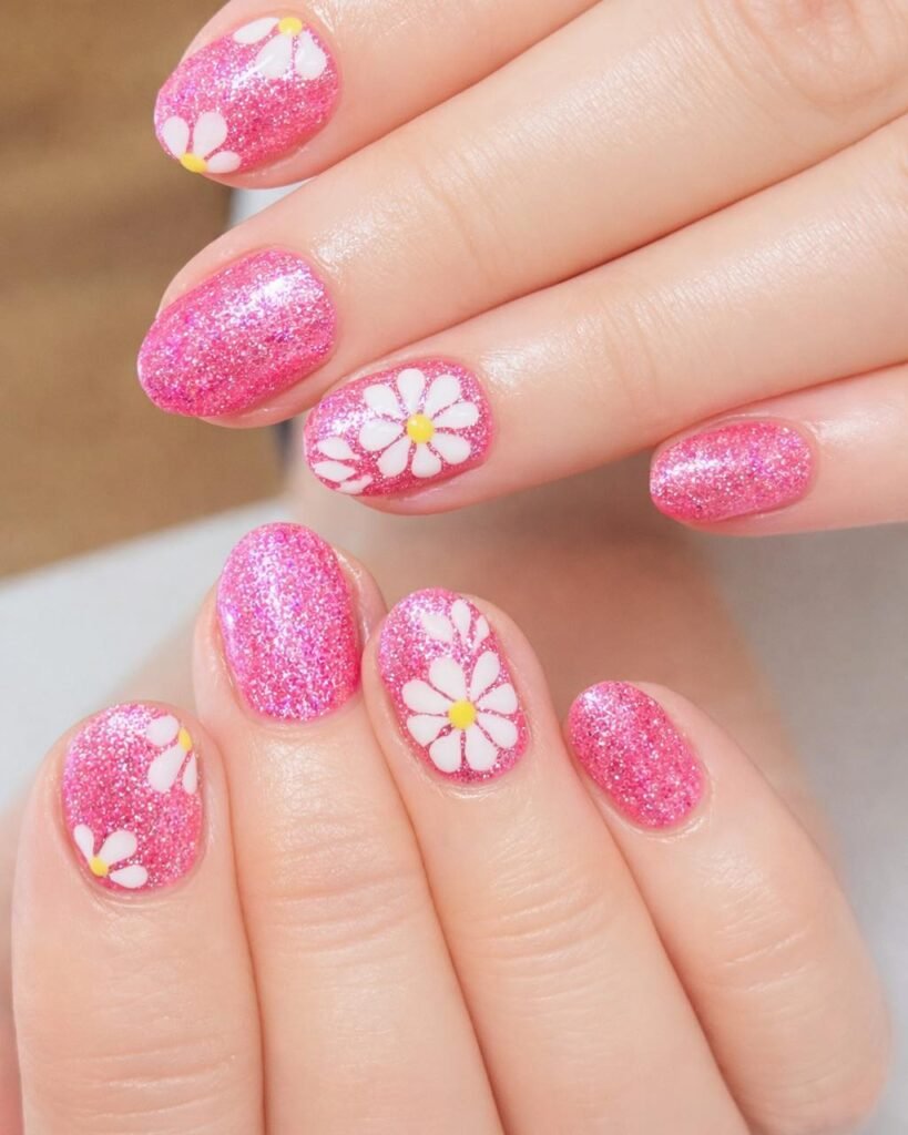 Short Pink Glitter Nails with Daisy Flowers