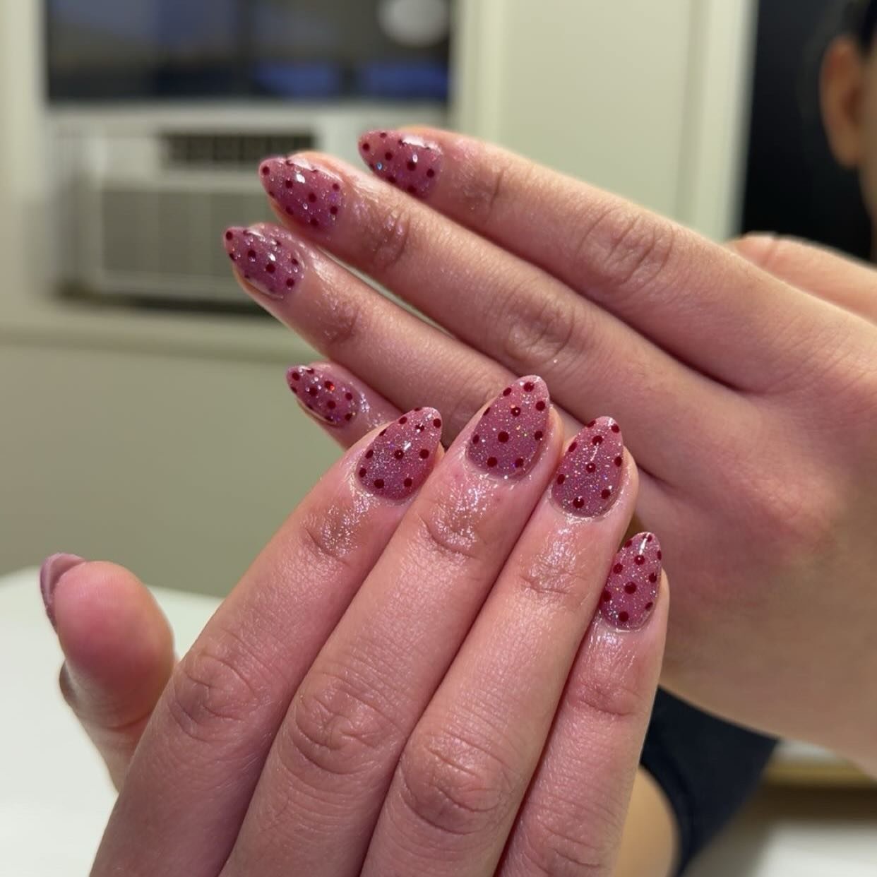 Pointed Pink Nails with Burgundy Leopard-Style Spots