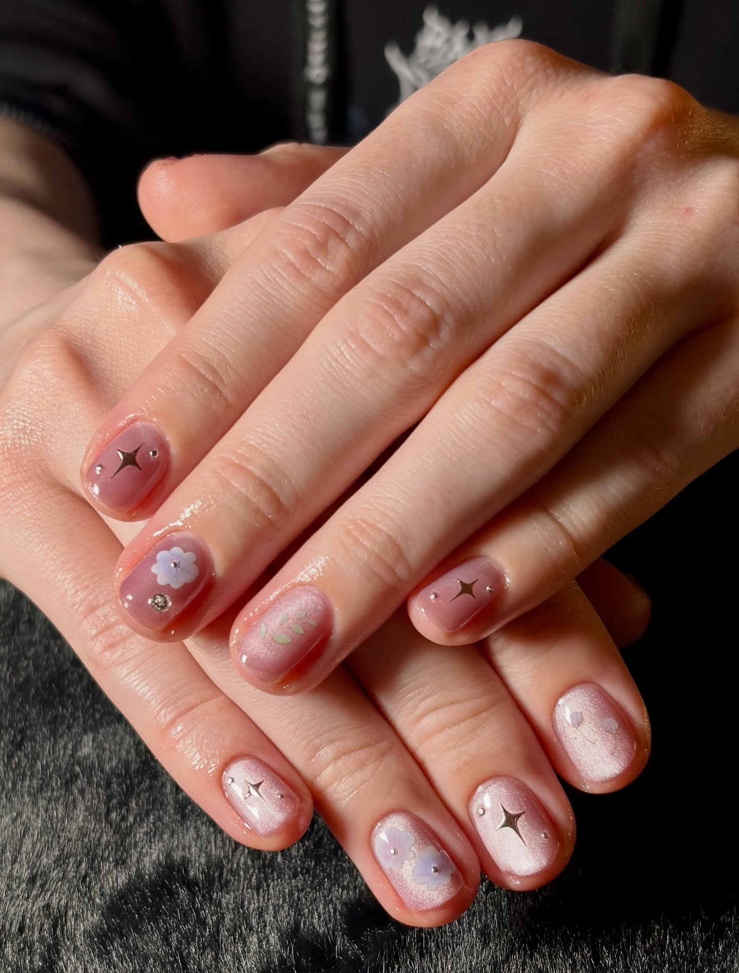 Short Pink Nails with Tiny Floral and Line Details