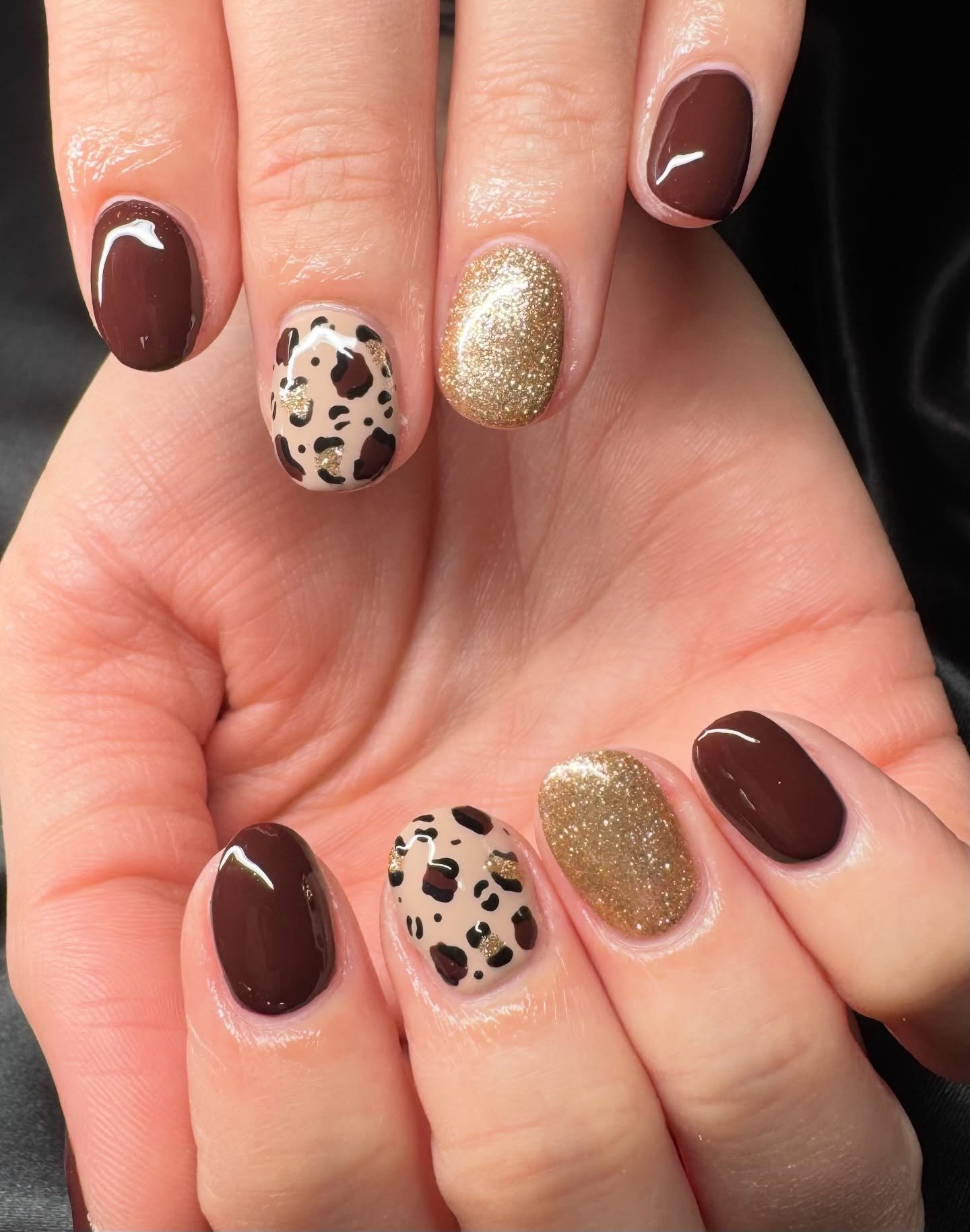 Short Brown and Gold Nails with Leopard Print