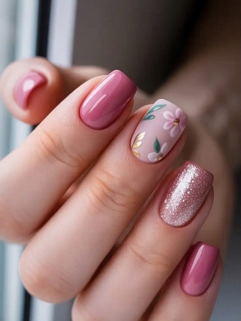 Short Pink Nails with Floral Art and Glitter