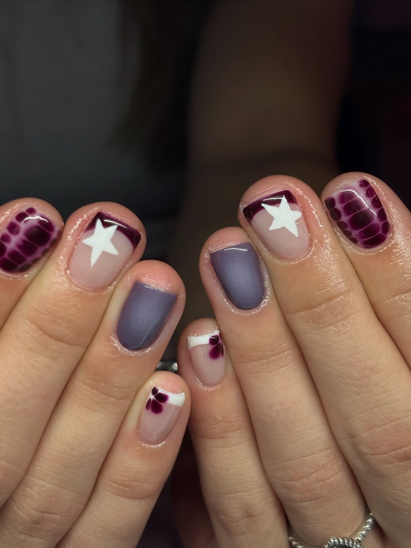 Short Mauve and Burgundy Nails with White Stars and Plaid