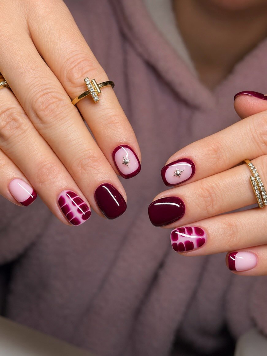 Short Burgundy and Pink Nails with Checkered Accents