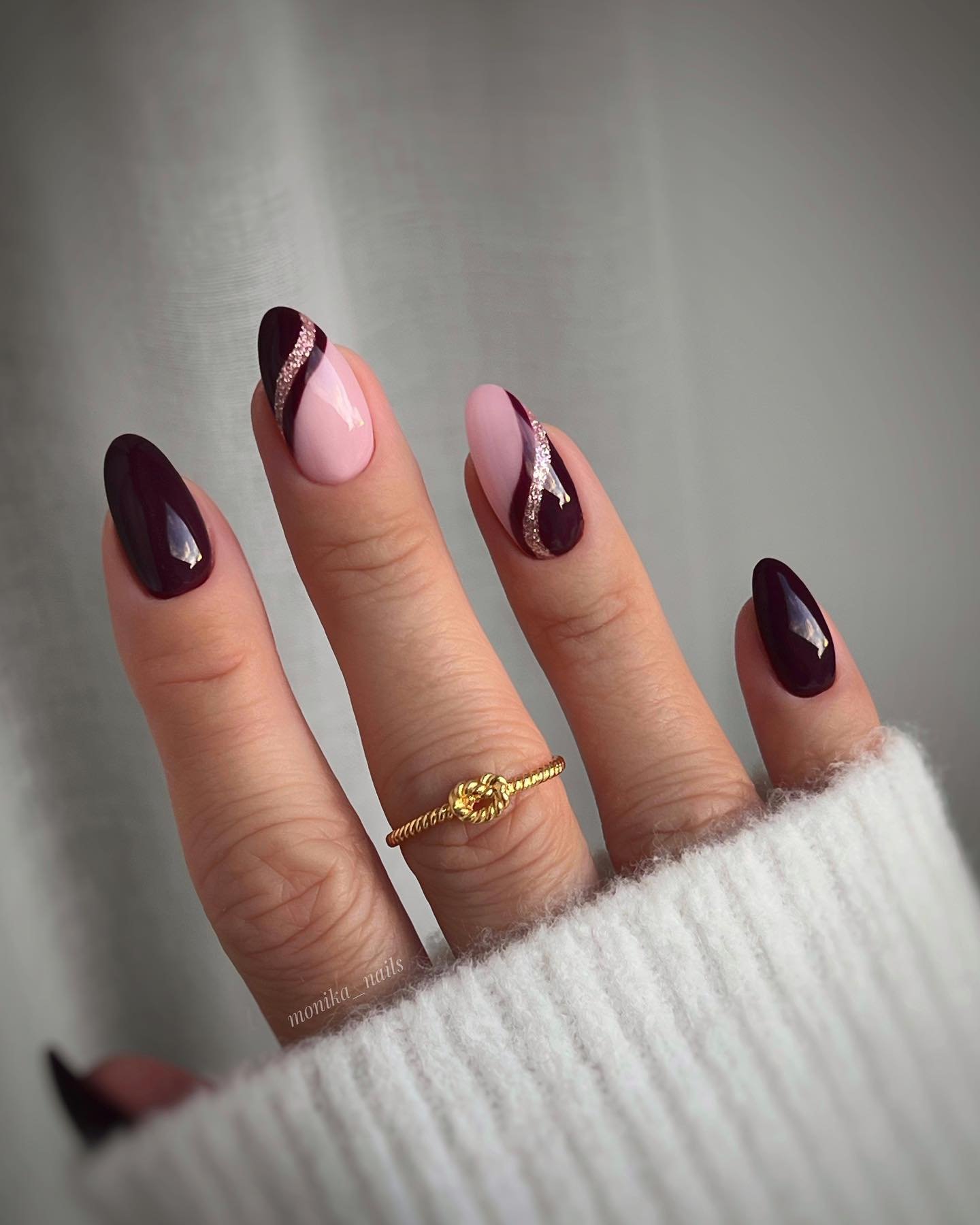 Burgundy and Blush Almond Nails with Curved Color Blocks
