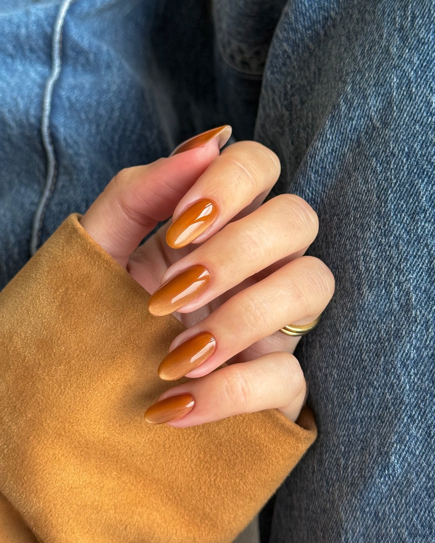 Glossy Caramel Brown Almond Nails