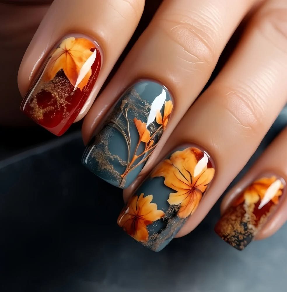Autumn Floral Orange and Blue Nails