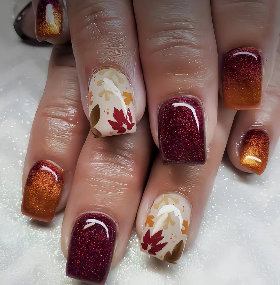 Burgundy Glitter and Cream Leaf Accent Nails