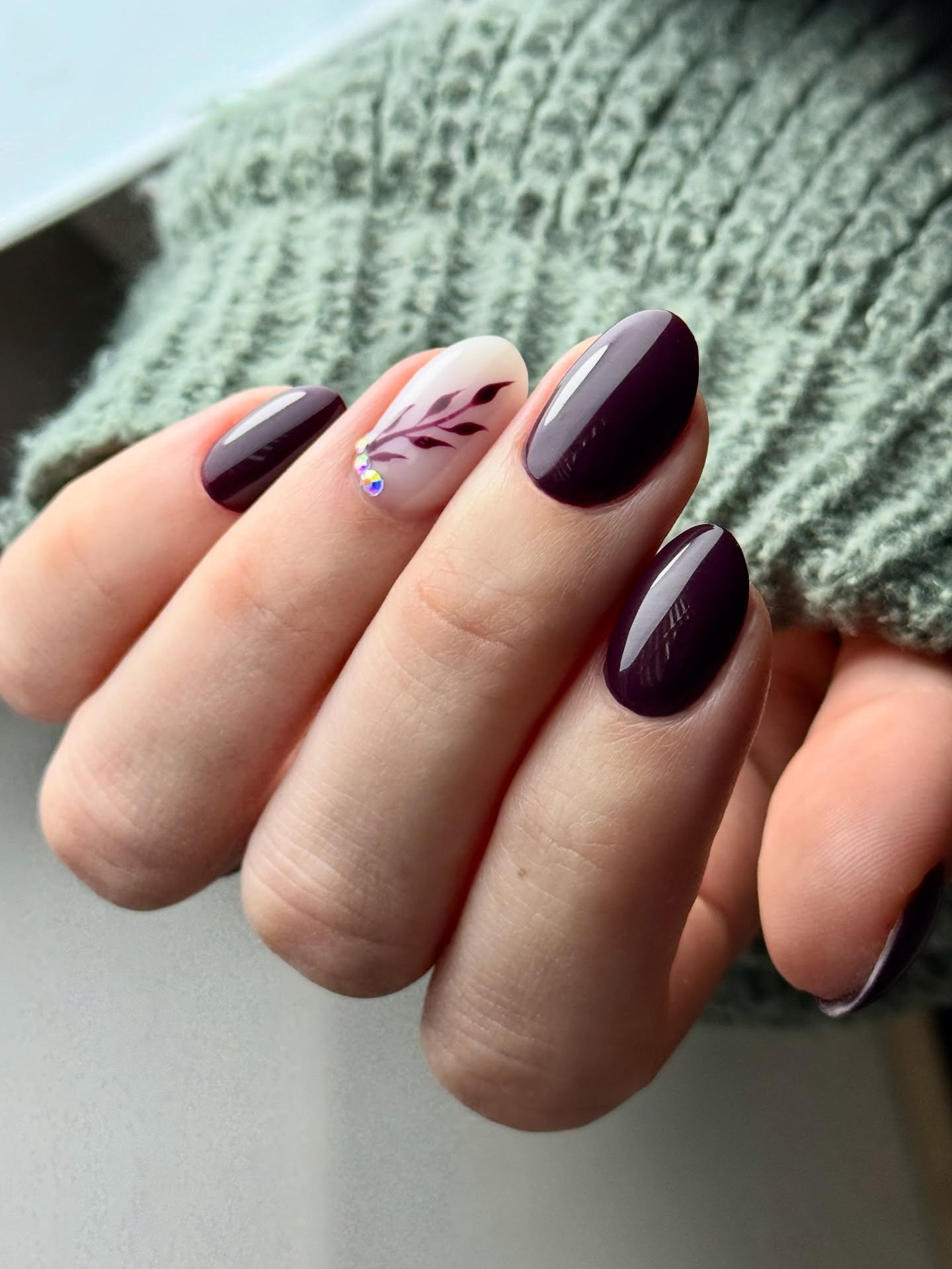 Burgundy Nails with Pink Abstract Line Art
