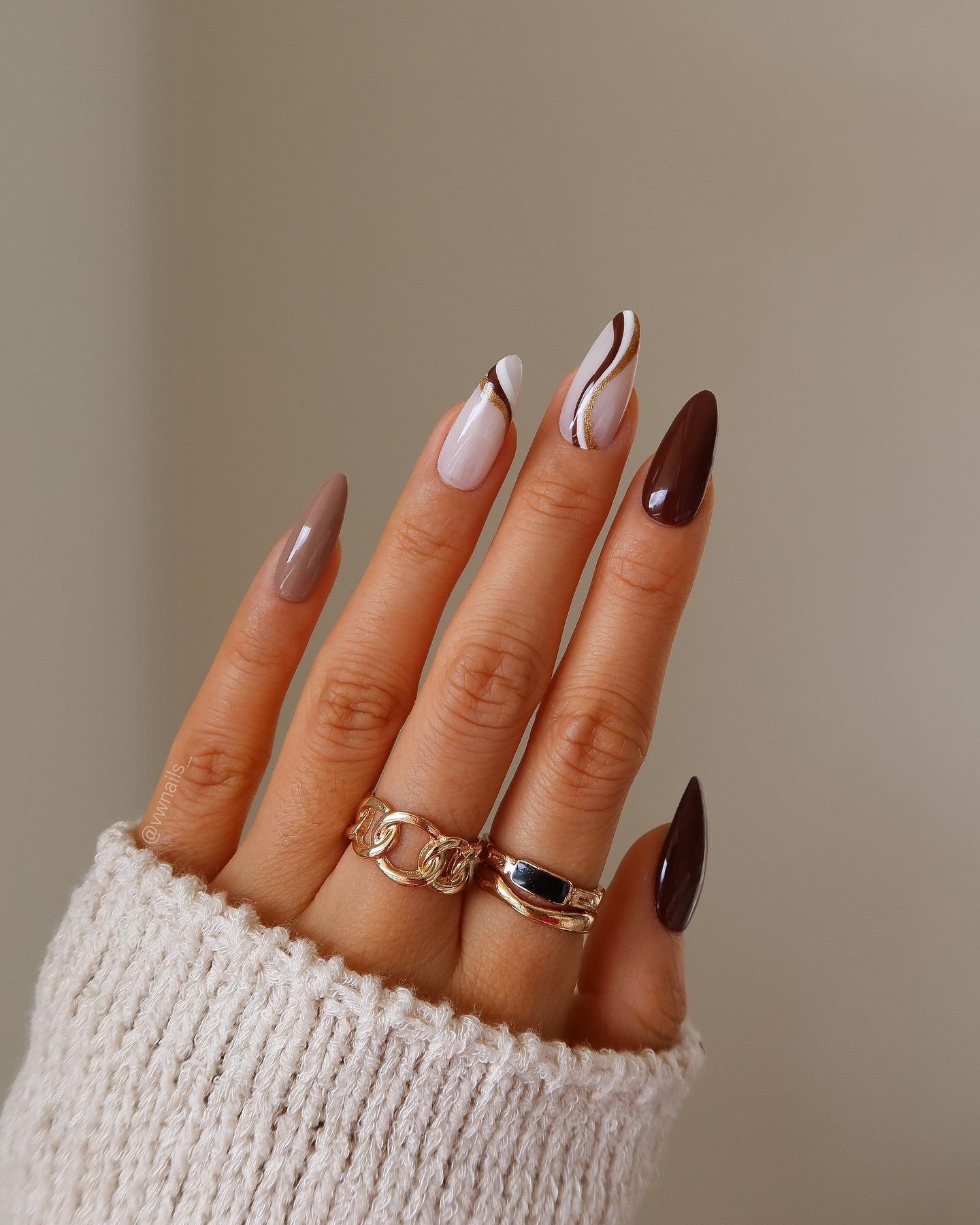 Mixed Neutral Almond Nails with Burgundy Accent