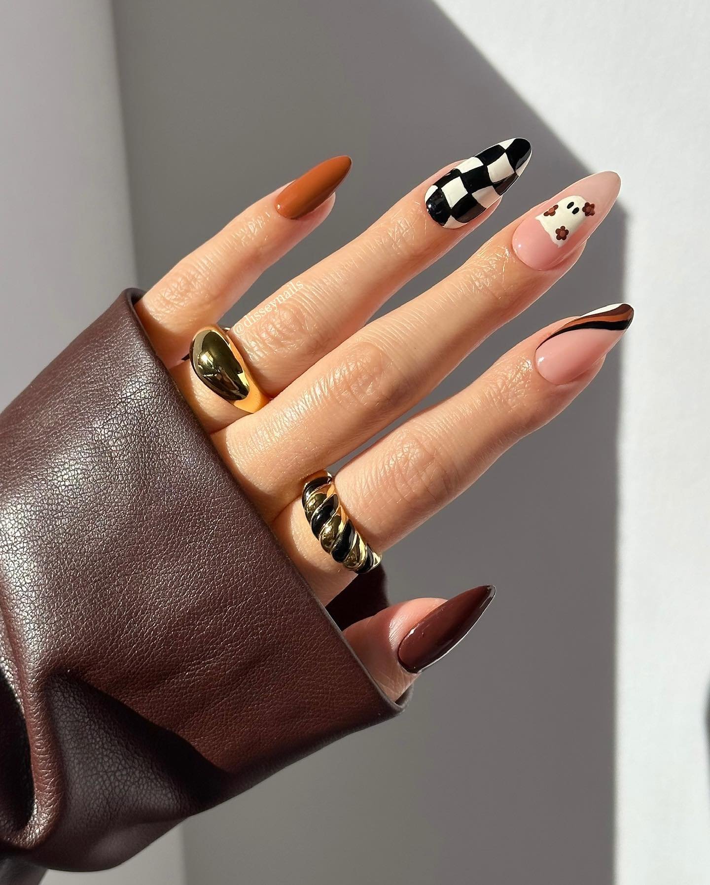 Autumn Mix of Brown, Burgundy, Checkerboard, and Floral Nails