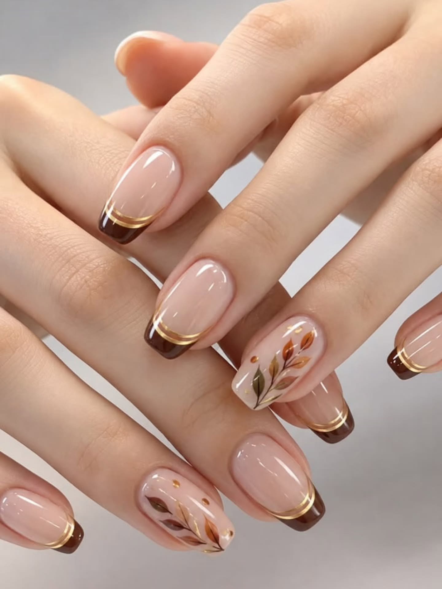 Nude Nails with Gold French Tips and Leaf Accent