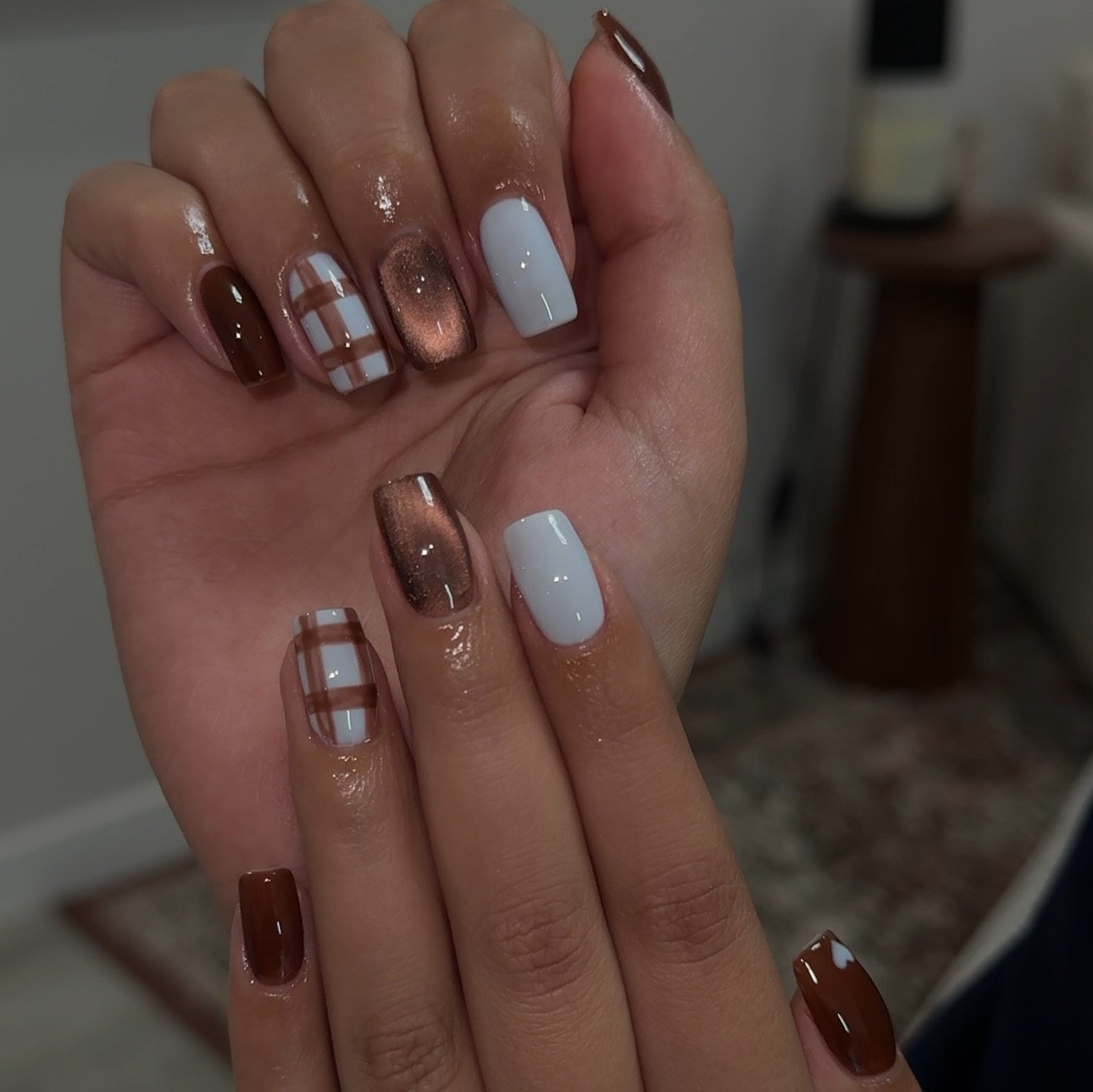 Neutral Nails with Brown, White, and Grid Accents