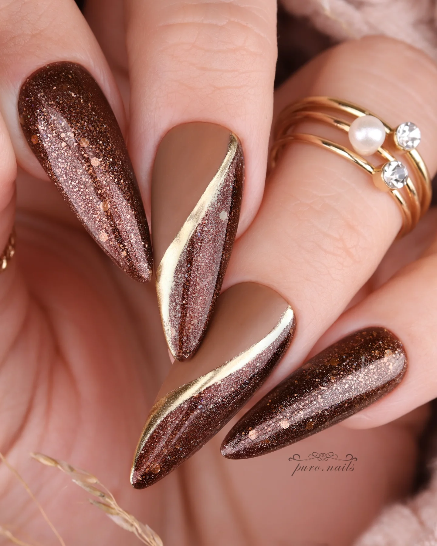 Rose Gold Glitter and Metallic Accent Nails