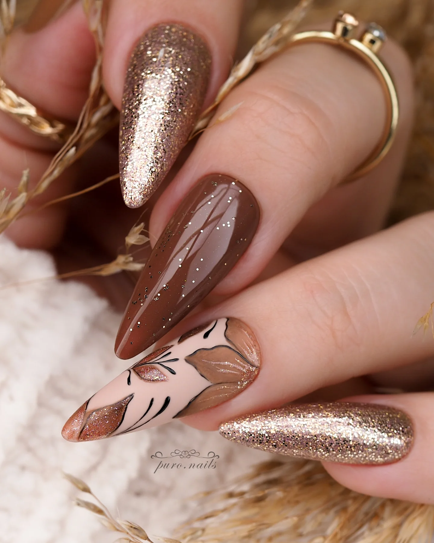 Brown Glitter Nails with Floral and Leaf Art