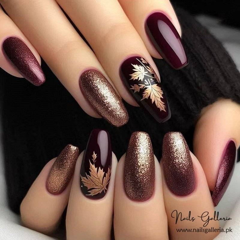 Burgundy and Gold Leaf Accent Nails