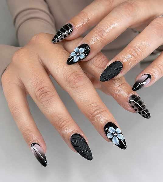 Black Almond Nails with White Floral Accents