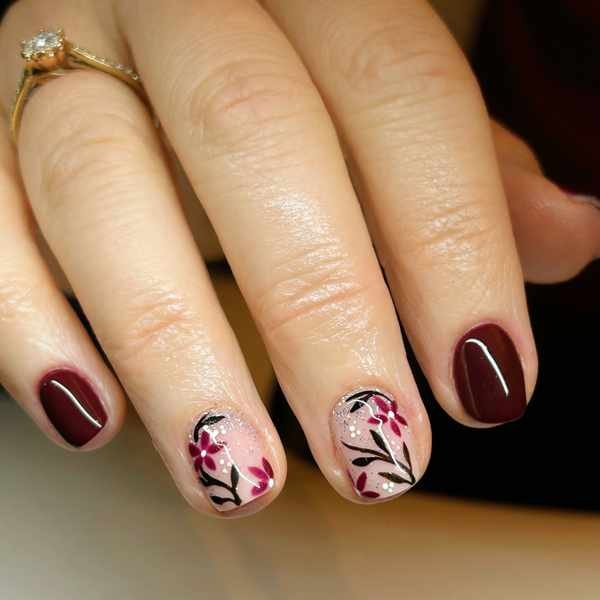 Burgundy Short Nails with Floral Accent Nails
