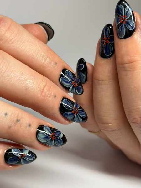 Dark Blue Butterfly and Floral Almond Nails