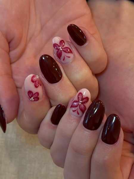 Burgundy Short Nails with Pink Floral Accents