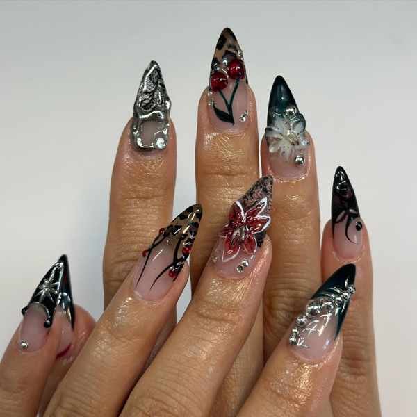 Pointed Dark Floral Nails with Mixed Botanical Details