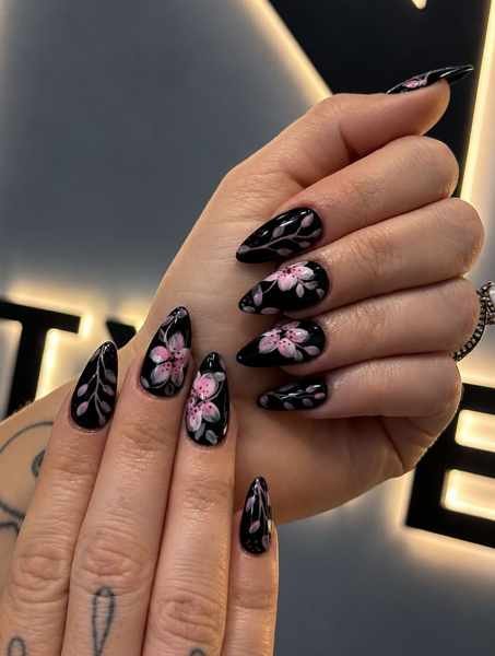 Black Almond Nails with Pink and Purple Floral Art
