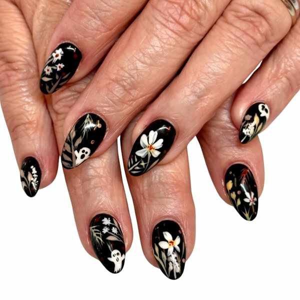 Black Almond Nails with White Daisy Accents