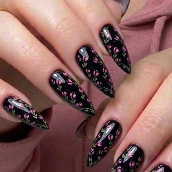Long Black Nails with Scattered Pink Floral Sprigs