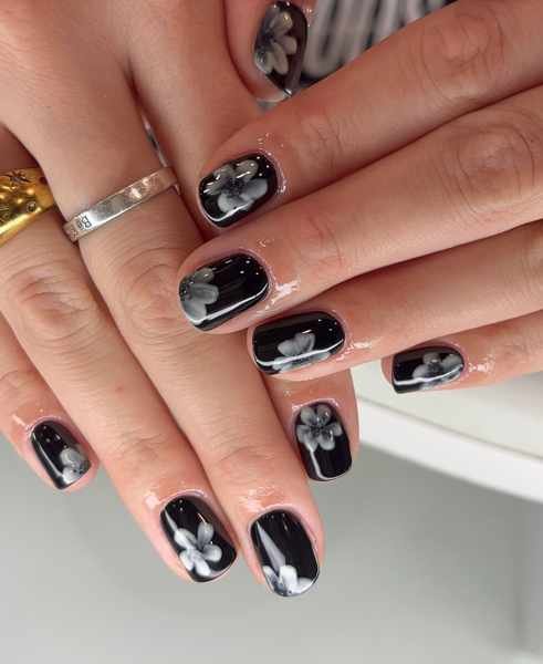 Black Coffin Nails with White and Silver Botanical Accents