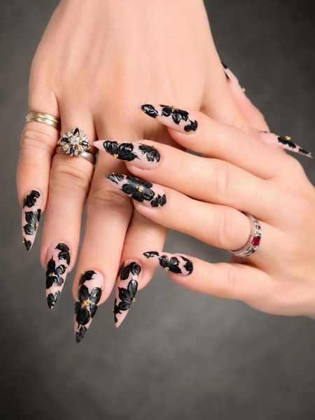Black Almond Nails with Pink Floral Clusters