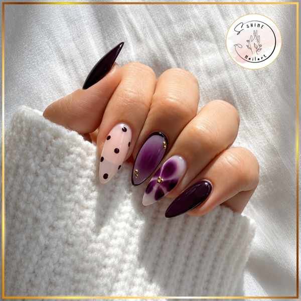 Mixed Neutral and Burgundy Nails with Tiny Floral Details