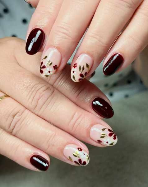 Burgundy Nails with Cream Floral Accent Nails