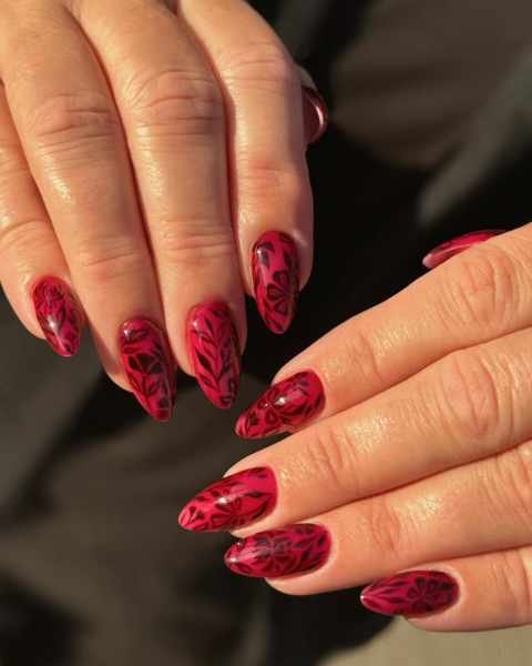 Red Almond Nails with Dark Floral Patterns