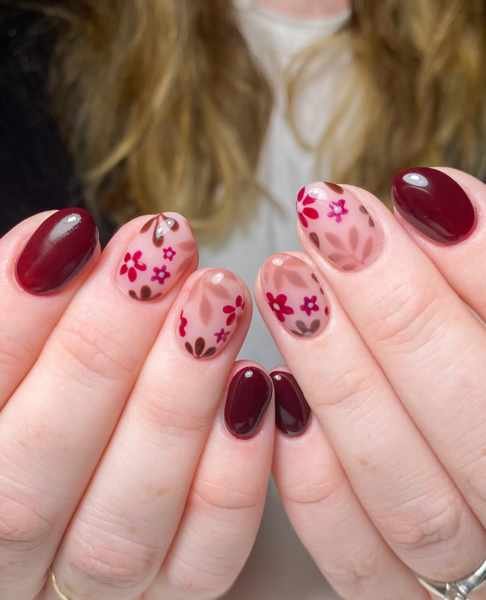 Burgundy Short Nails with Pink Floral Accent Nails