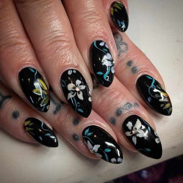 Black Almond Nails with Colorful Floral Sprigs