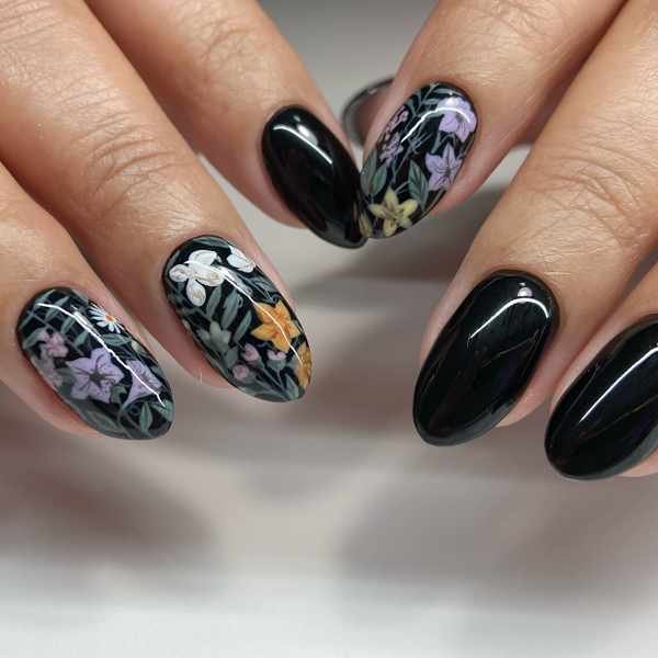 Black Almond Nails with Purple Floral Accents