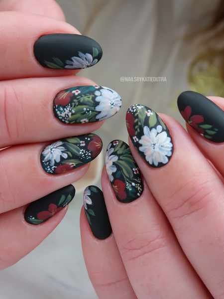 Dark Matte Nails with Blue and White Floral Designs