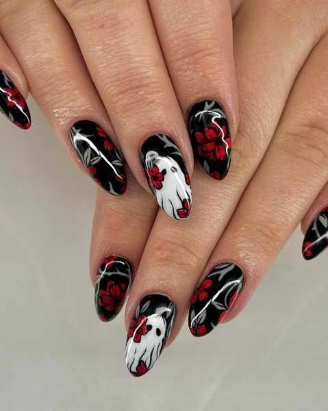 Black Almond Nails with Red and White Floral Art