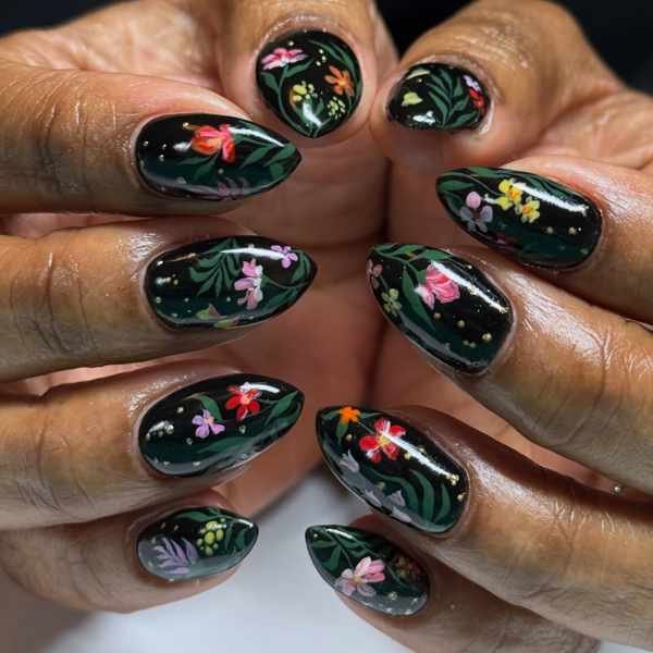 Dark Green Floral Nails with Pink and Yellow Accents