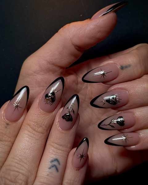 Sheer Nude Pointed Nails with Black Abstract Accents