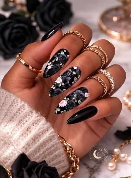 Black Almond Nails with White Floral and Sparkling Accents