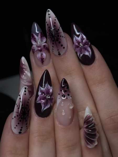 Lavender Pointed Nails with Purple Floral Artwork