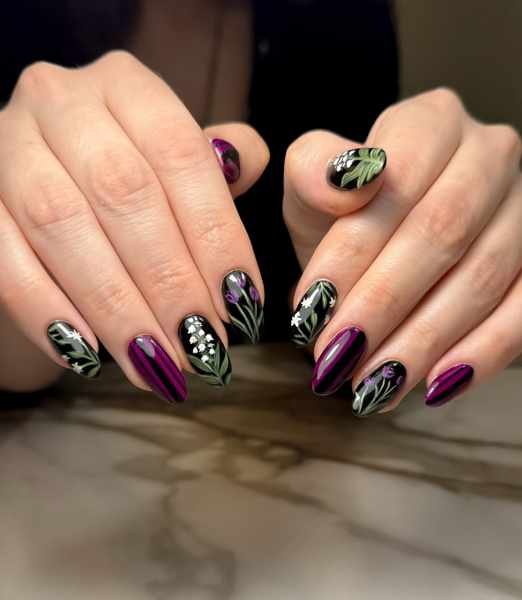 Black and Purple Almond Nails with Floral Tips