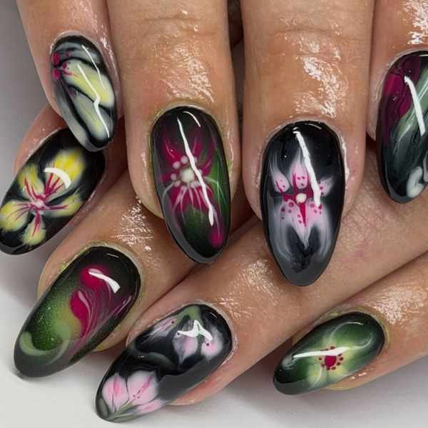 Dark Green and Black Nails with Colorful Flower Artwork