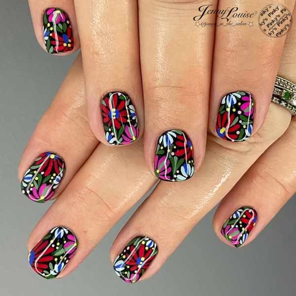 Black Nails with Pink and Green Floral Details