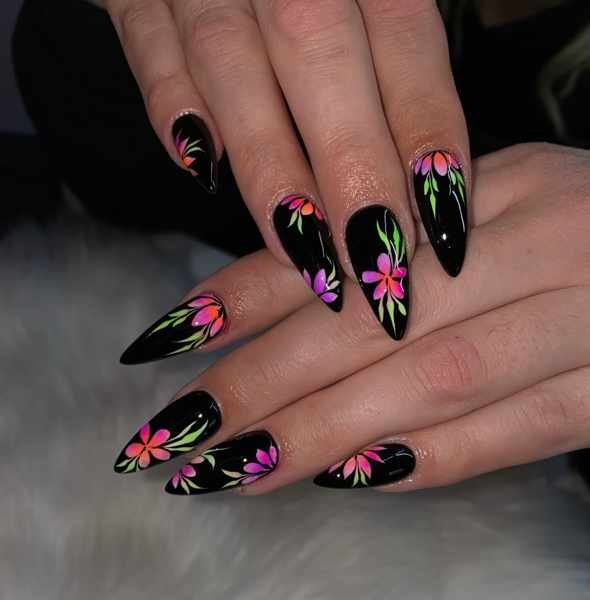 Black Nails with Multicolor Floral Accents
